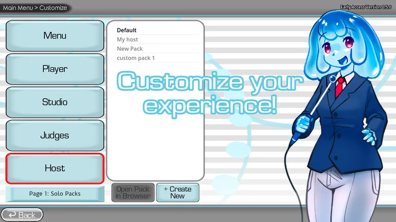 The Choicer Voicer Customize menu showing studio, player, judges, and host options